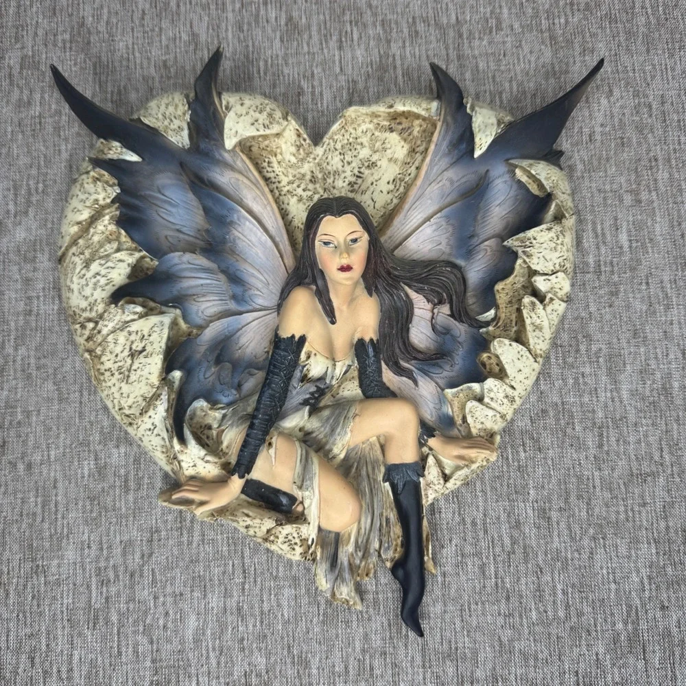 Gothic Dark Fairy Heart Wall Plaque Resin Fantasy Sculpture Winged